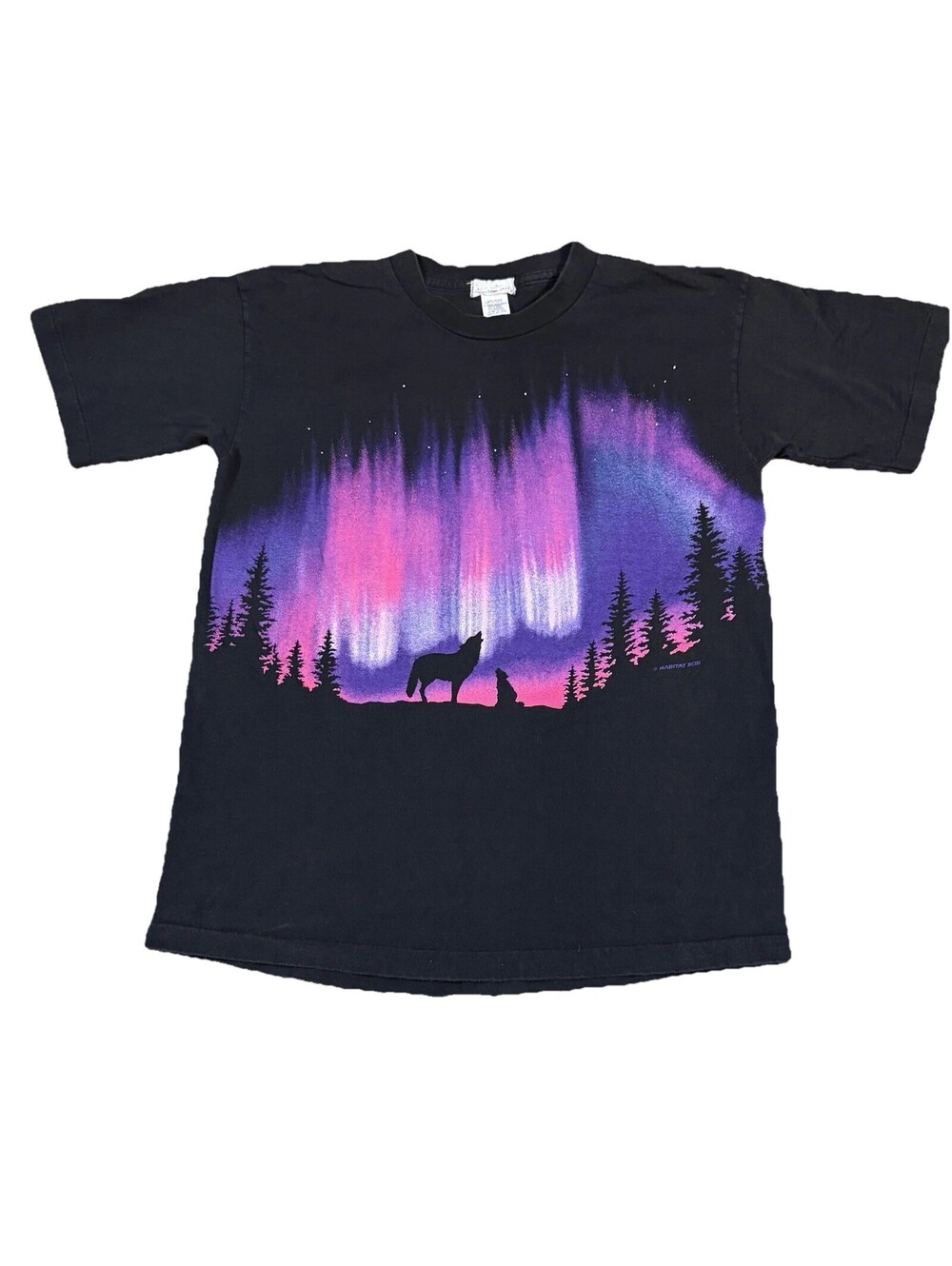 Vintage 90s Single Stitch Wolf Aurora Borealis T Shirt Medium Black Double Sided
